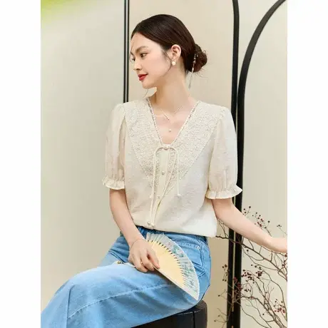 时尚气质衬衫2024年夏季新款V领百搭温柔简约国风短款T短袖上衣商品大图