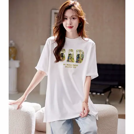 宝诗黎中长款字母刺绣白色T恤2025夏季韩版简约宽松百搭棉质短袖图片