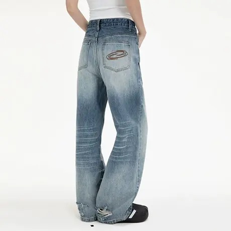 美式复古水洗高腰直筒阔腿牛仔裤女2025夏季新款宽松猫须破洞长裤商品大图