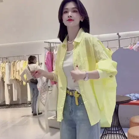 气质百搭黄色衬衫女2025春夏季新款韩版宽松弧形衬衣长袖不规则潮商品大图