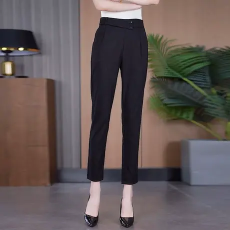 黑色凉爽棉麻小脚哈伦裤女2025夏季薄款时尚休闲西装裤弹力九分裤商品大图