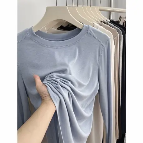 软绵轻感莱赛尔正肩薄款t恤女长袖秋内搭简约纯色修身上衣打底衫商品大图