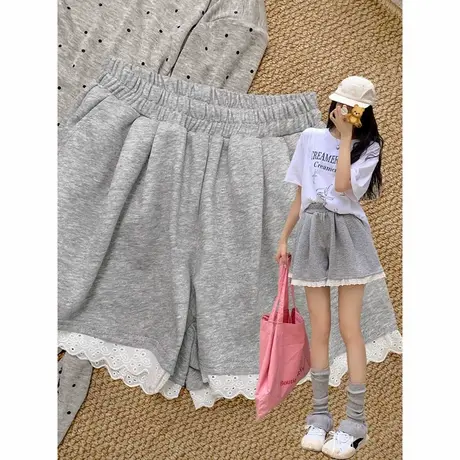 夏季居家外穿蕾丝边阔腿短裤女高腰韩版宽松休闲运动辣妹热裤潮商品大图