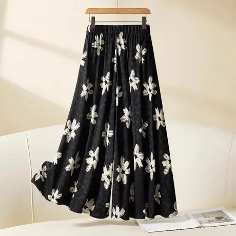 拉夏贝尔冰丝印花阔腿裤女夏2025新款缎面垂坠碎花甩裤九分裤裙裤图片