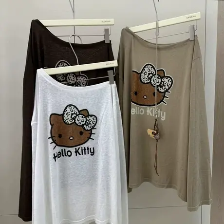 韩国东大门夏季新款趣味猫咪减龄斜肩长袖t恤上衣女宽松慵懒百搭商品大图