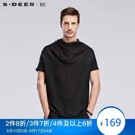 sdeerhe圣迪奥男装设计感休闲纯黑分割搭片亚麻短袖上衣H15270468🤟商品大图