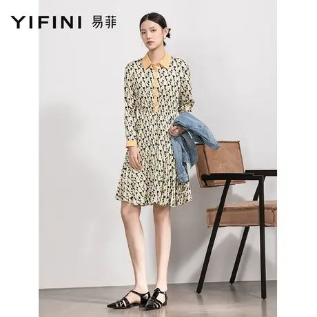 Yifini/易菲高腰显瘦中长款连衣裙女秋季新款简约翻领连衣裙图片