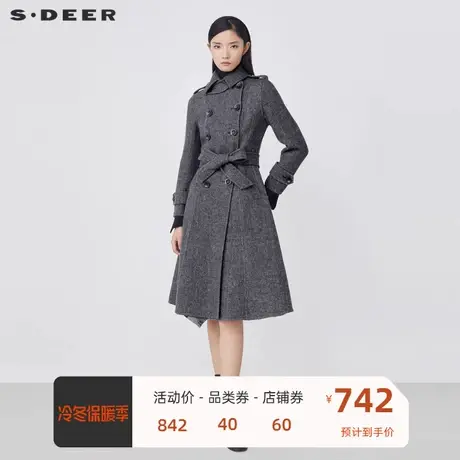 sdeer圣迪奥女装翻领条纹双排扣收腰毛呢长款大衣S21481838🐎商品大图