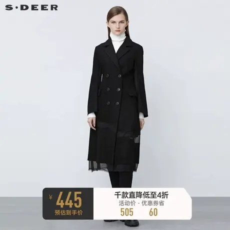 sdeer圣迪奥冬装西装领双排扣网纱拼接毛呢大衣S21481852⚡商品大图