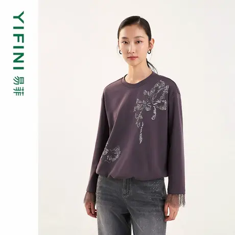 [专柜同款]Yifini/易菲圆领亮片绣花宽松短款卫衣百搭上衣女25春商品大图