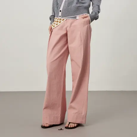 omont蛋挞家 粉色直筒休闲裤2025春季亚麻棉高腰简约慵懒感长裤子商品大图