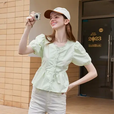 a02【100%棉】法式设计感泡泡袖女式衬衫夏季小清新上衣商品大图