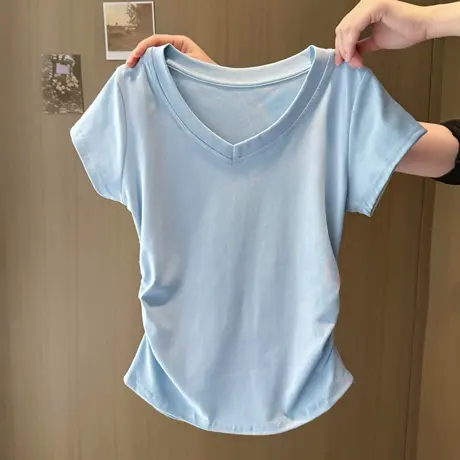夏季2025新款褶皱收腰短袖T恤女修身韩版短款小个子V领半袖上衣潮商品大图