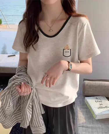 拼接V领T恤女短袖灰色复古大码显瘦ins潮短款小熊洋气减龄上衣夏商品大图