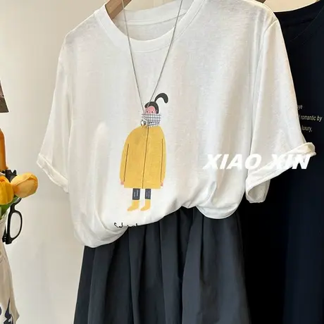 趣味黄衣服少女 ~韩国卡通印花圆领短袖T恤女百搭夏季好看上衣tee商品大图