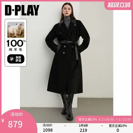 DPLAY冬季新款休闲黑色翻领100羊毛大衣长款毛呢外套女图片