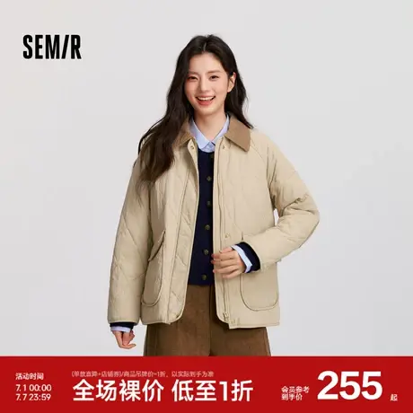 [商场同款]森马棉服女中长款轻薄宽松拼接翻领2024新款冬菱格棉衣商品大图