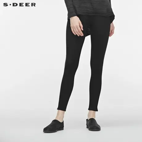 sdeer圣迪奥女时尚休闲松紧腰假口袋修身黑色长裤S19380814图片