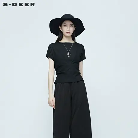 sdeer圣迪奥女装夏装黑色收腰气质落肩圆领透气亲肤T恤S20280111图片