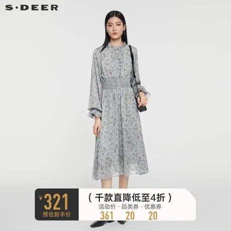 sdeer圣迪奥女装木耳边V领碎花束腰灯笼袖连衣裙S231Z12B3🙊商品大图