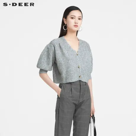 【直播间专属】sdeer圣迪奥罗纹V领泡泡袖短款针织衫S21163522图片