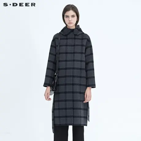 【直播间专属】sdeer圣迪奥高领收腰撞色格纹毛呢大衣S20481853图片