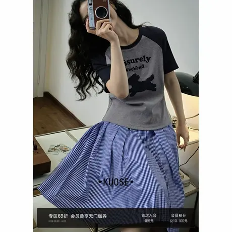 阔色灰色字母小狗刺绣短袖T恤女装2025夏季新款休闲运动风上衣图片