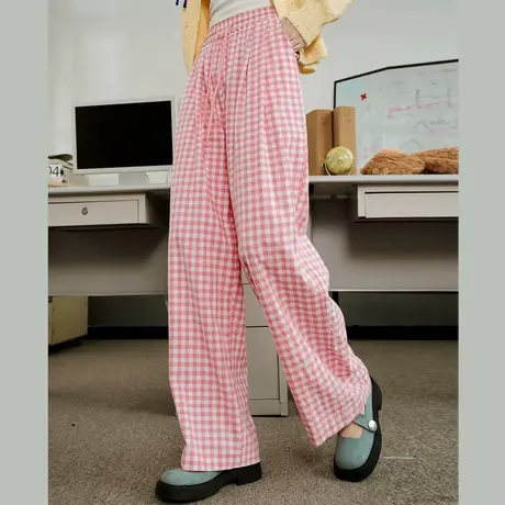 a02垂感慵懒潮流粉色格子阔腿裤2025春季休闲宽松女式休闲裤商品大图