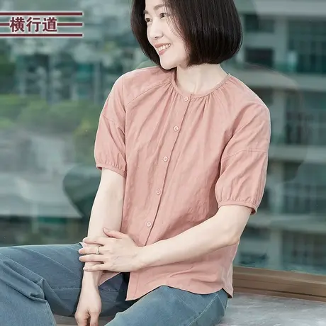 圆领单排扣插肩全棉衬衫短袖上衣纯色衬衣2025夏装新款大码女装图片