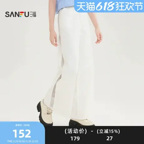 三福休闲裤2025夏季侧边蕾丝裤腿拼接宽松阔腿裤女装502207商品大图