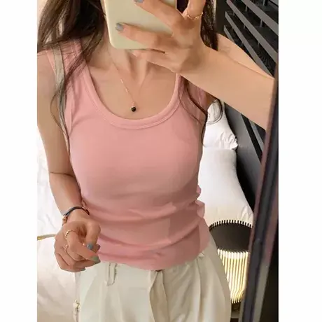 粉色u领吊带背心女夏季2025新款小个子修身内搭收腰短款运动上衣商品大图
