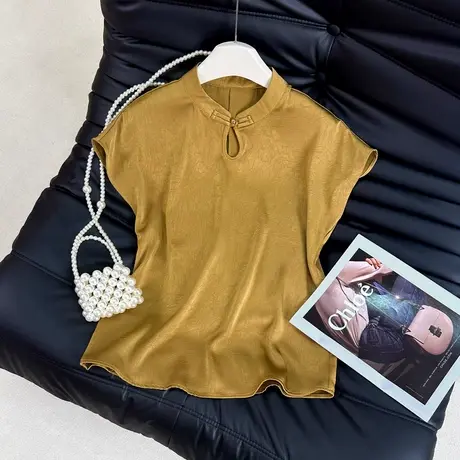 拉夏贝尔新中式衬衫缎面立领盘扣无袖T女夏季2025新款飞飞袖上衣商品大图