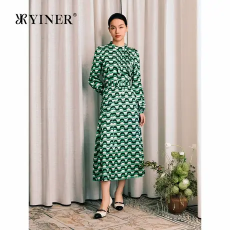 【真丝系列】YINER音儿秋季法式小立领薄荷曼波连衣裙商品大图