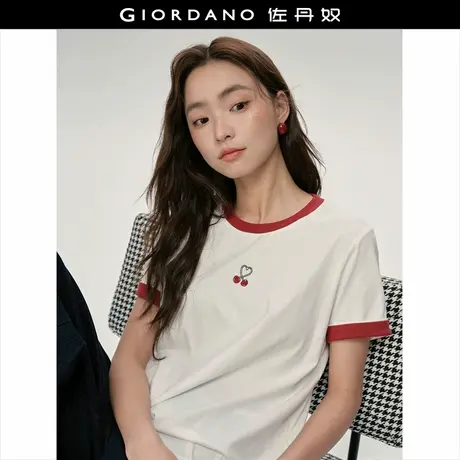 设计师款佐丹奴短袖T恤女新款纯棉樱桃刺绣撞色圆领上衣18325919图片