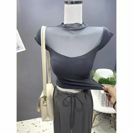 高级纯欲~小心机紧身性感网纱拼接半高领短袖t恤女显胸短款上衣夏图片