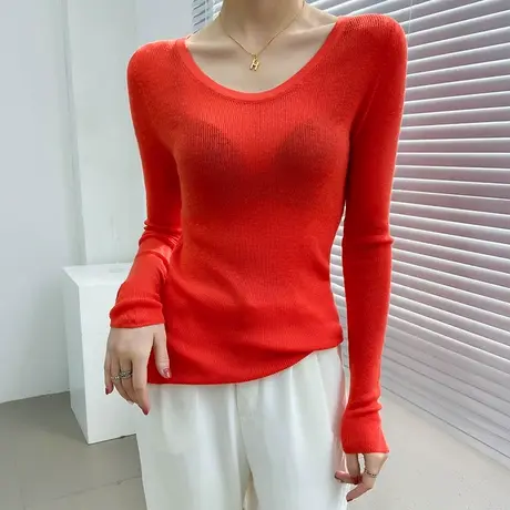 糖果色t恤女长袖修身薄款u领打底衫欧货网红洋气百搭微透针织衫潮图片