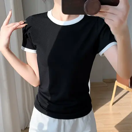 小高领拼接短袖t恤女夏季撞色修身显瘦黑色体恤气质外穿打底衫潮图片