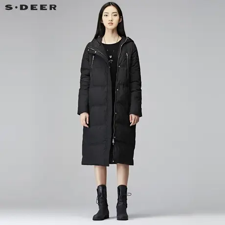 sdeer圣迪奥2018冬装连帽拉链口袋直筒长款加厚羽绒服女S17462437图片