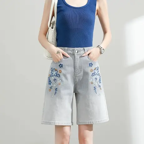 莱赛尔天丝绣花五分牛仔短裤女夏季薄款高腰宽松显瘦直筒阔腿中裤商品大图
