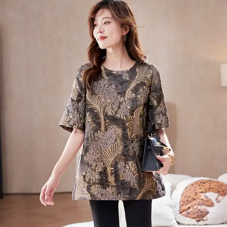 宝诗黎圆领亮丝提花短袖T恤2025新款洋气设计感夏季宽松休闲女装图片