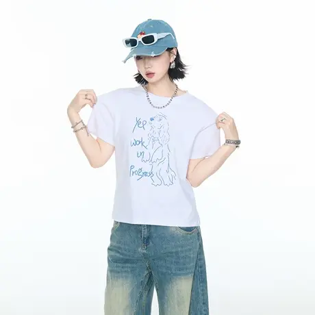 2025夏季新款短款正肩短袖T恤女卡通狗狗印花修身辣妹风半袖上衣图片