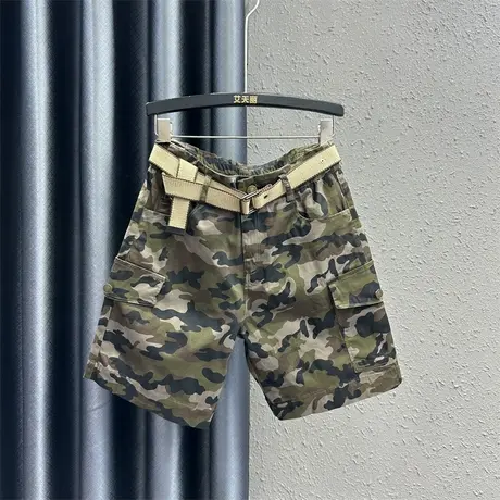 潮流个性撞色高腰五分裤欧货新款显瘦韩版迷彩直筒工装牛仔短裤夏图片