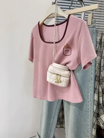 韩版chic休闲正肩方领小上衣多巴胺穿搭辣妹T恤女ins潮短款短袖夏图片