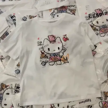 十三行2025夏季新款韩版可爱卡通猫咪印花宽松显瘦短袖T恤女上衣图片