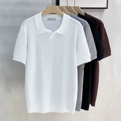 冰丝肌理垂感男士翻领T恤V领海鸥领POLO衫男美式复古短袖针织衫男商品大图