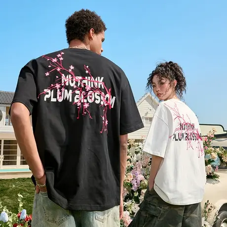 Nuthink重磅刺绣字母花卉T恤短袖潮牌美式复古宽松半袖男女2025夏图片