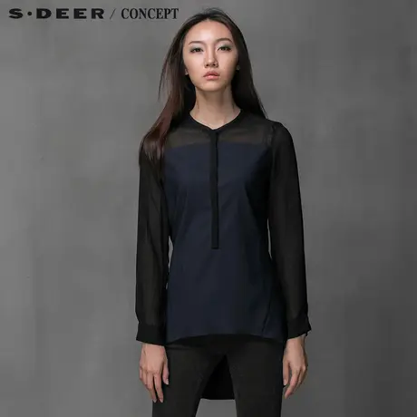 sdeer圣迪奥秋装女装几何拼接雪纺长袖衬衫S14380536图片