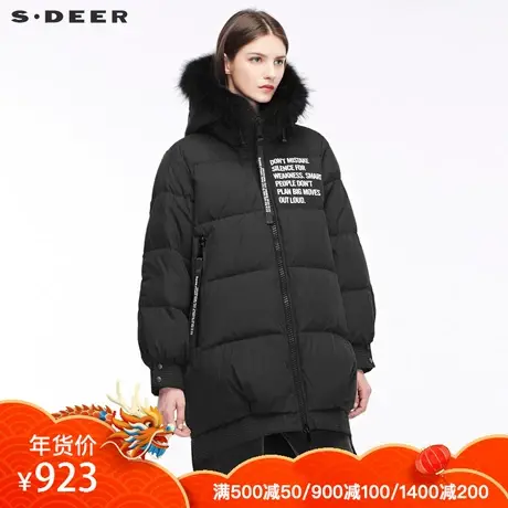 sdeer 圣迪奥飘带装饰时尚开衩下摆设计高领连帽羽绒服S18462411图片