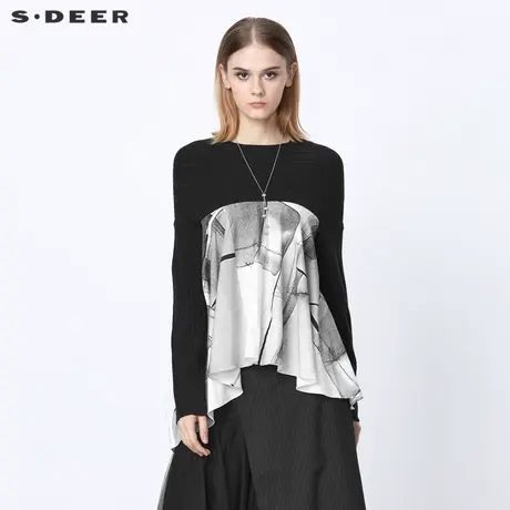 sdeer圣迪奥女装春秋装休闲圆领钩花晕染拼接长袖毛衣S21383503图片