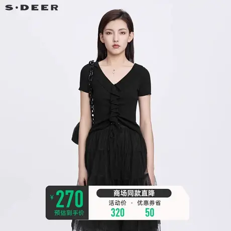 sdeer圣迪奥夏装上衣女优雅V领抽褶堆叠修身黑色针织衫S22283509图片